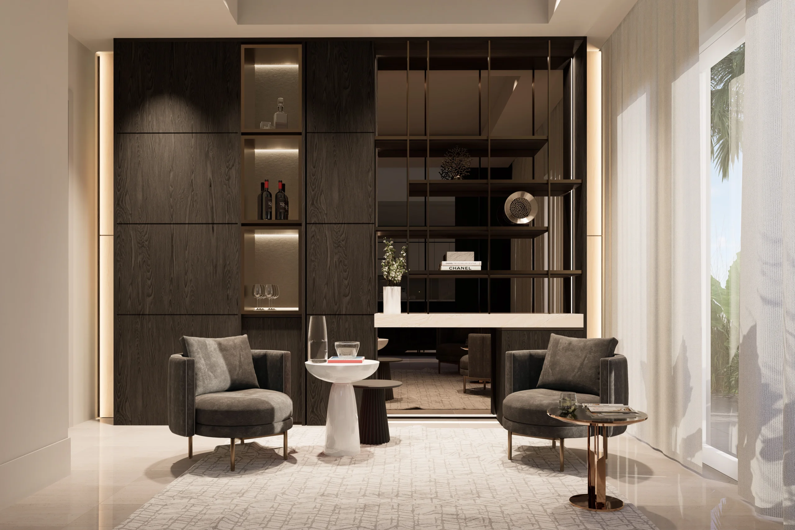 Refined lounge area with custom dark wood shelving, accent chairs and floor-to-ceiling drapery