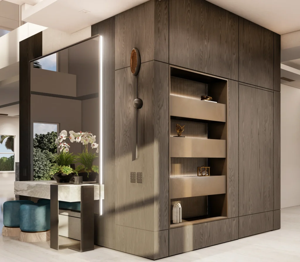 Custom entry millwork with illuminated mirror, display shelving and marble console styling