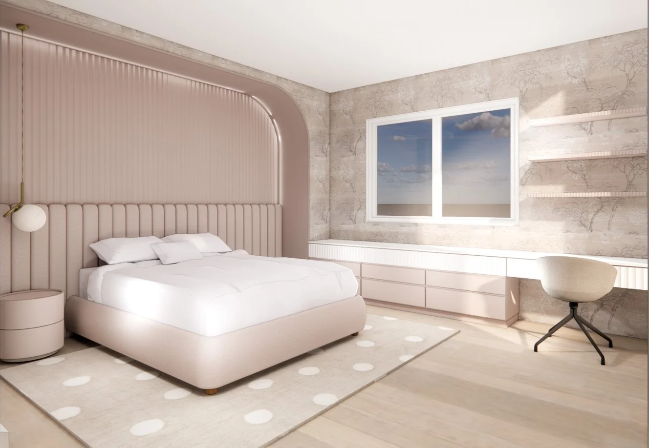 Soft contemporary bedroom with upholstered headboard wall, built-in desk and blush-toned detailing