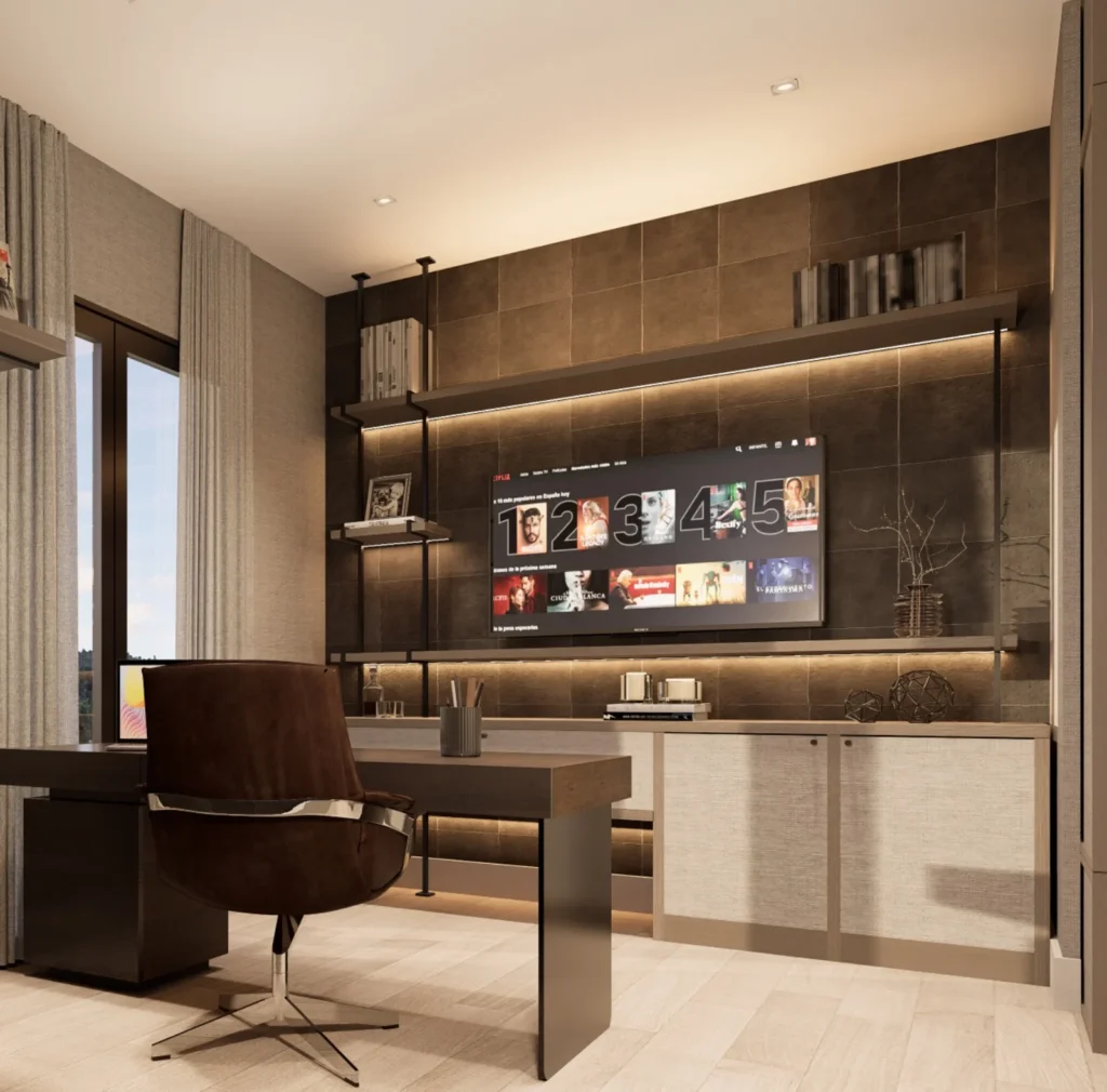 Luxury home office with integrated desk, backlit shelving and large media wall
