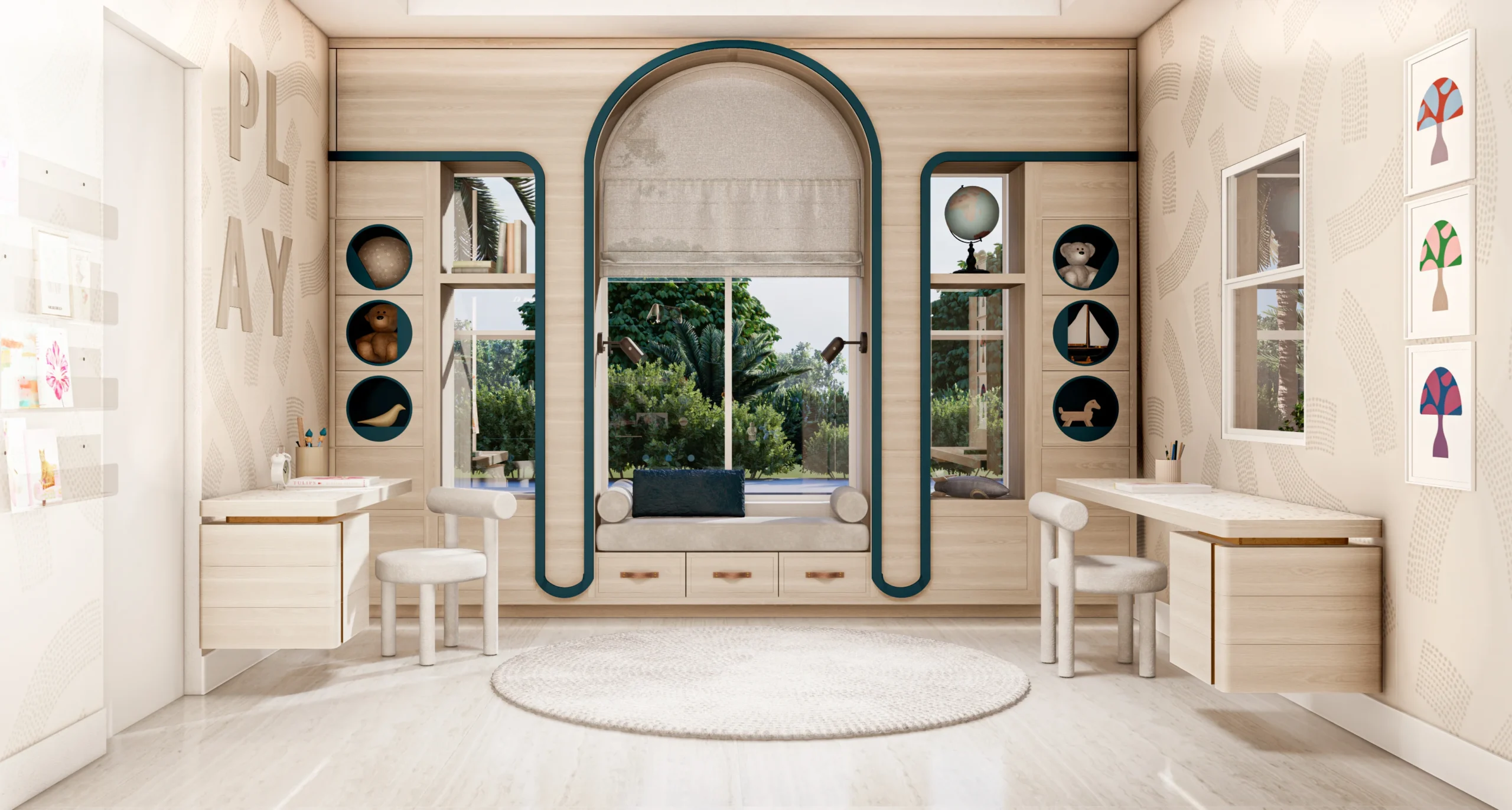 Custom playroom with arched window seat, built-in toy niches and double kids' study desks