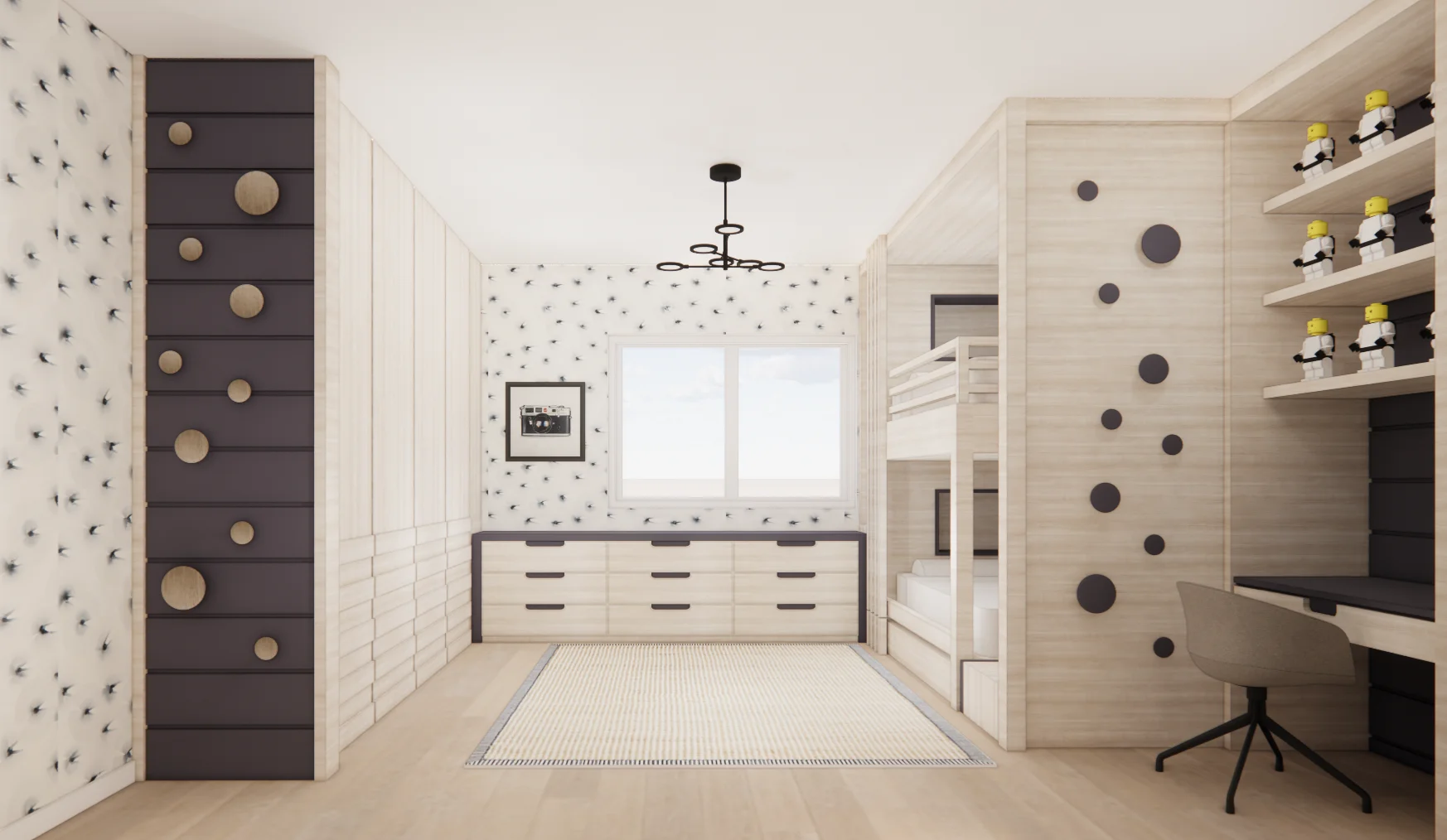 Contemporary children's bedroom with built-in bunk beds, custom storage and integrated study area