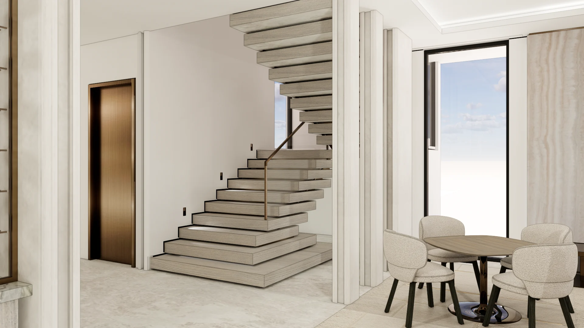 Floating staircase with sculptural stone treads and intimate seating area in a luxury waterfront residence