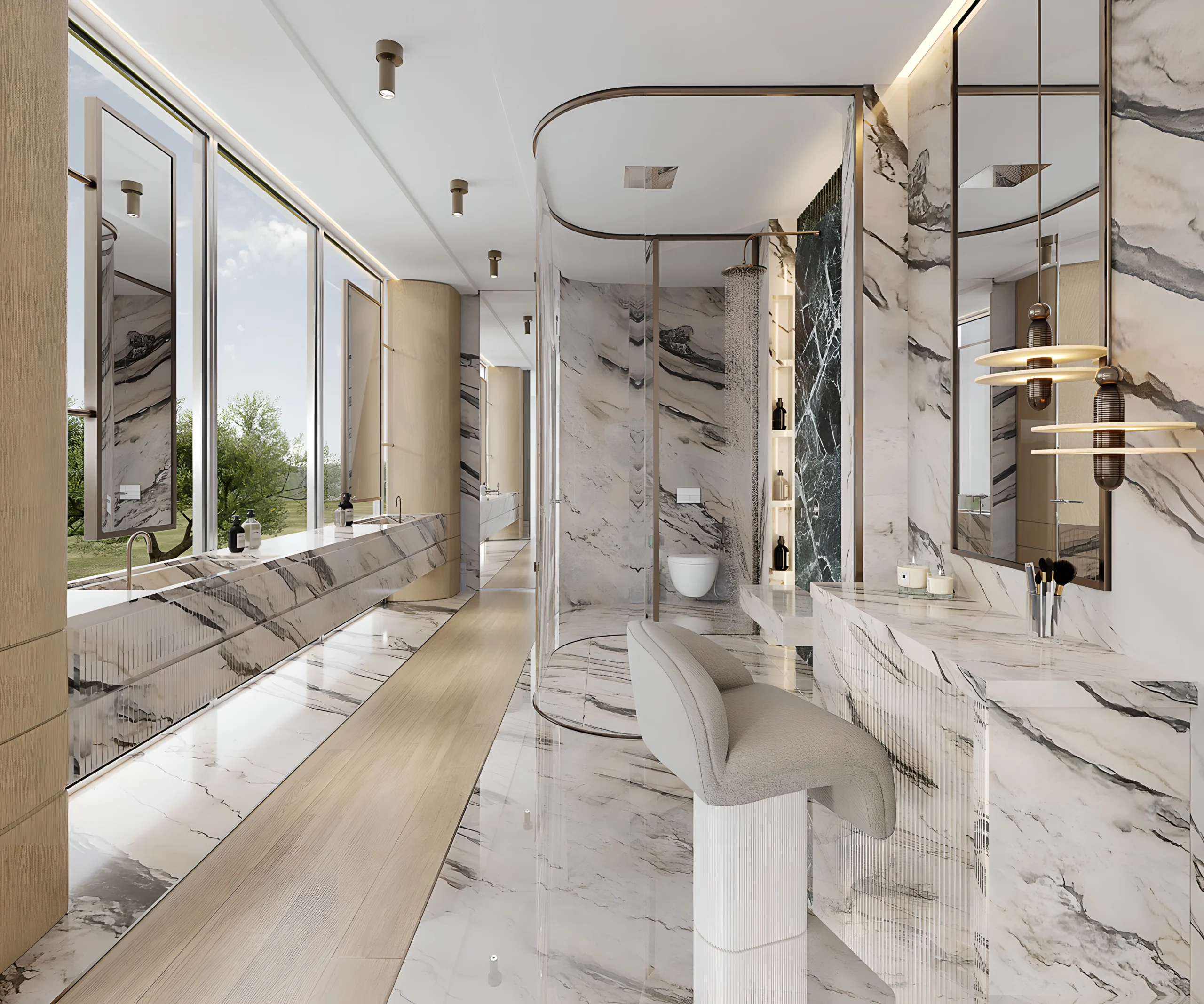 Custom marble primary bathroom with sculptural vanity, glass shower and refined contemporary detailing