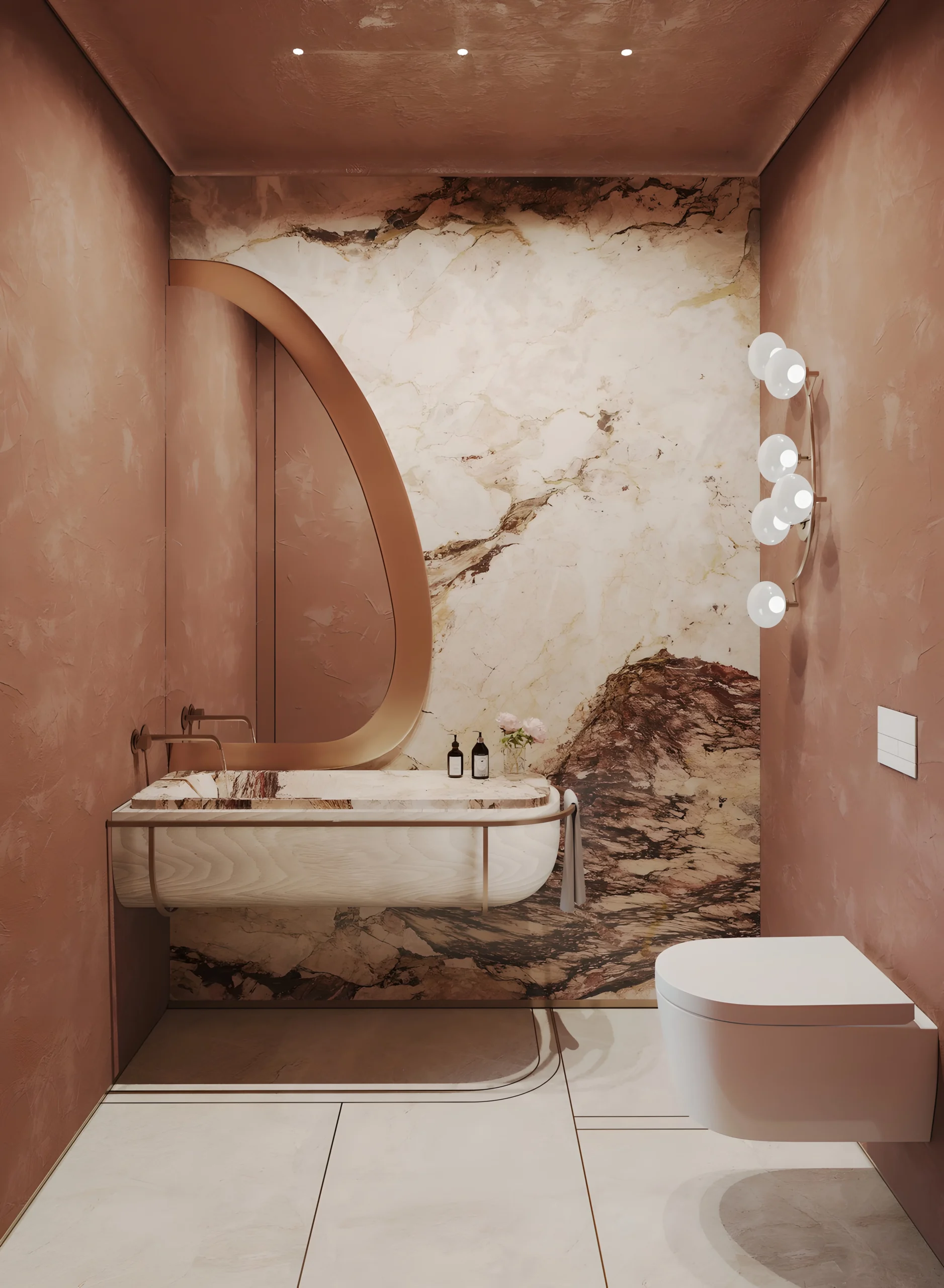 Dramatic powder room with warm textured walls, natural stone feature wall and sculptural mirror