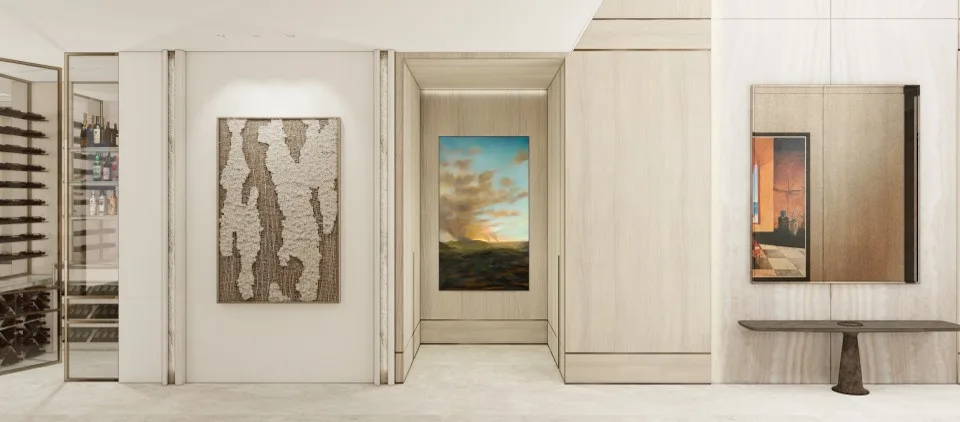 Refined hallway with custom wall paneling, curated artwork and integrated wine display