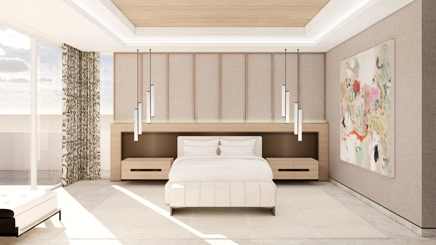Serene primary bedroom with upholstered wall panels, suspended bedside lighting and soft neutral palette