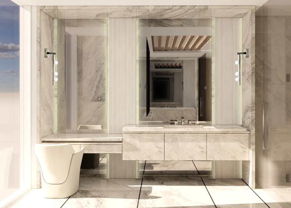 Luxury bathroom vanity with full-height mirrors, marble finishes and integrated dressing area