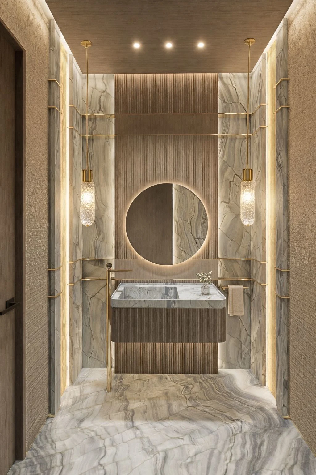 Dramatic powder room with illuminated round mirror, marble walls and sculptural pendant lighting