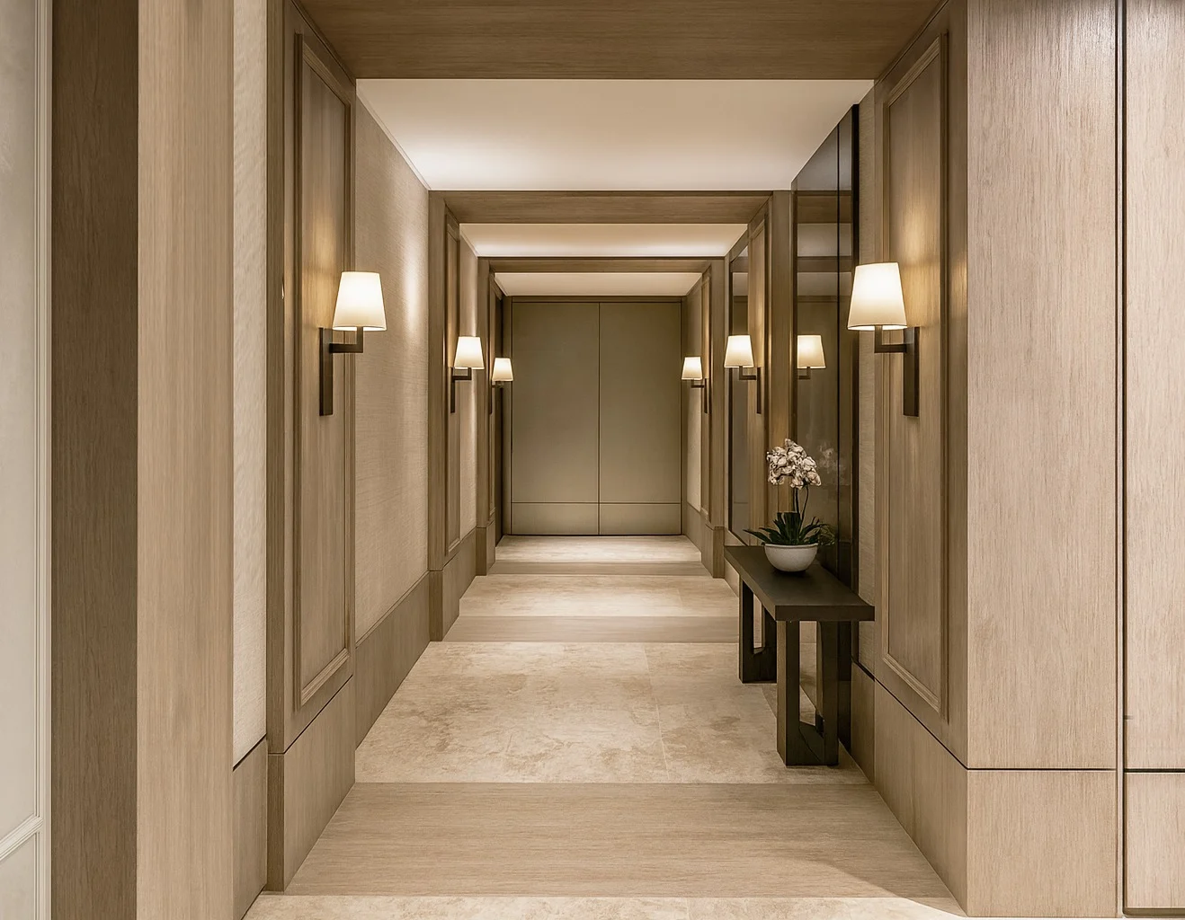 Open-plan living area with curved sofa, stone coffee tables and serene contemporary finishes
