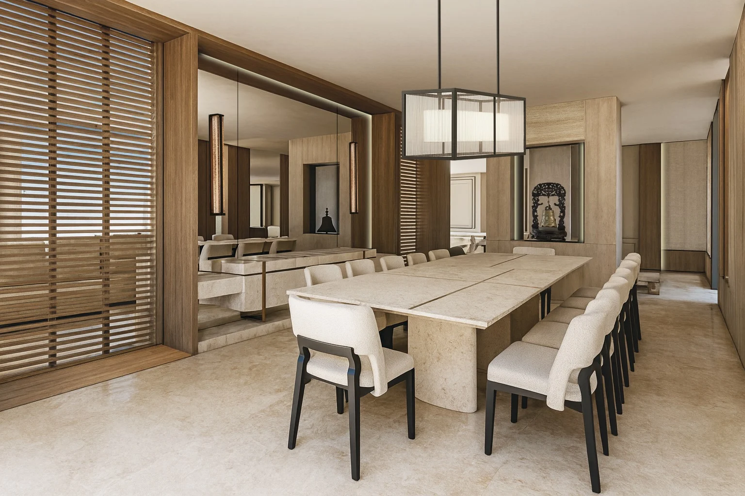 Minimalist dining room with stone table, upholstered dining chairs and warm wood paneling