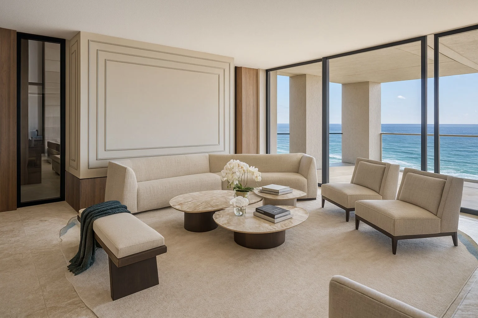Contemporary dining room with dark wood table, upholstered chairs and textured feature wall
