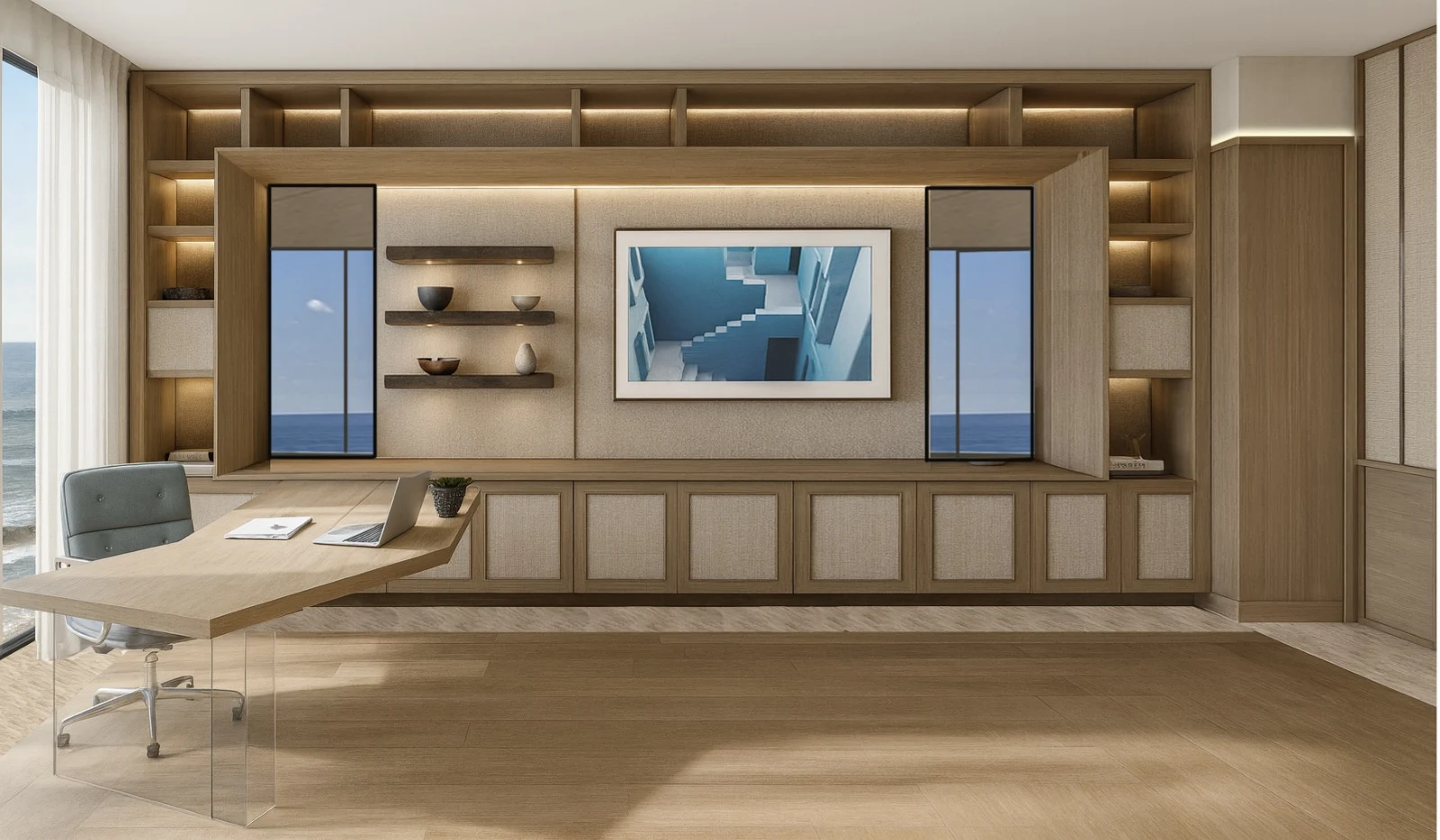 Custom study with integrated wood millwork, layered lighting and ocean views in a luxury penthouse