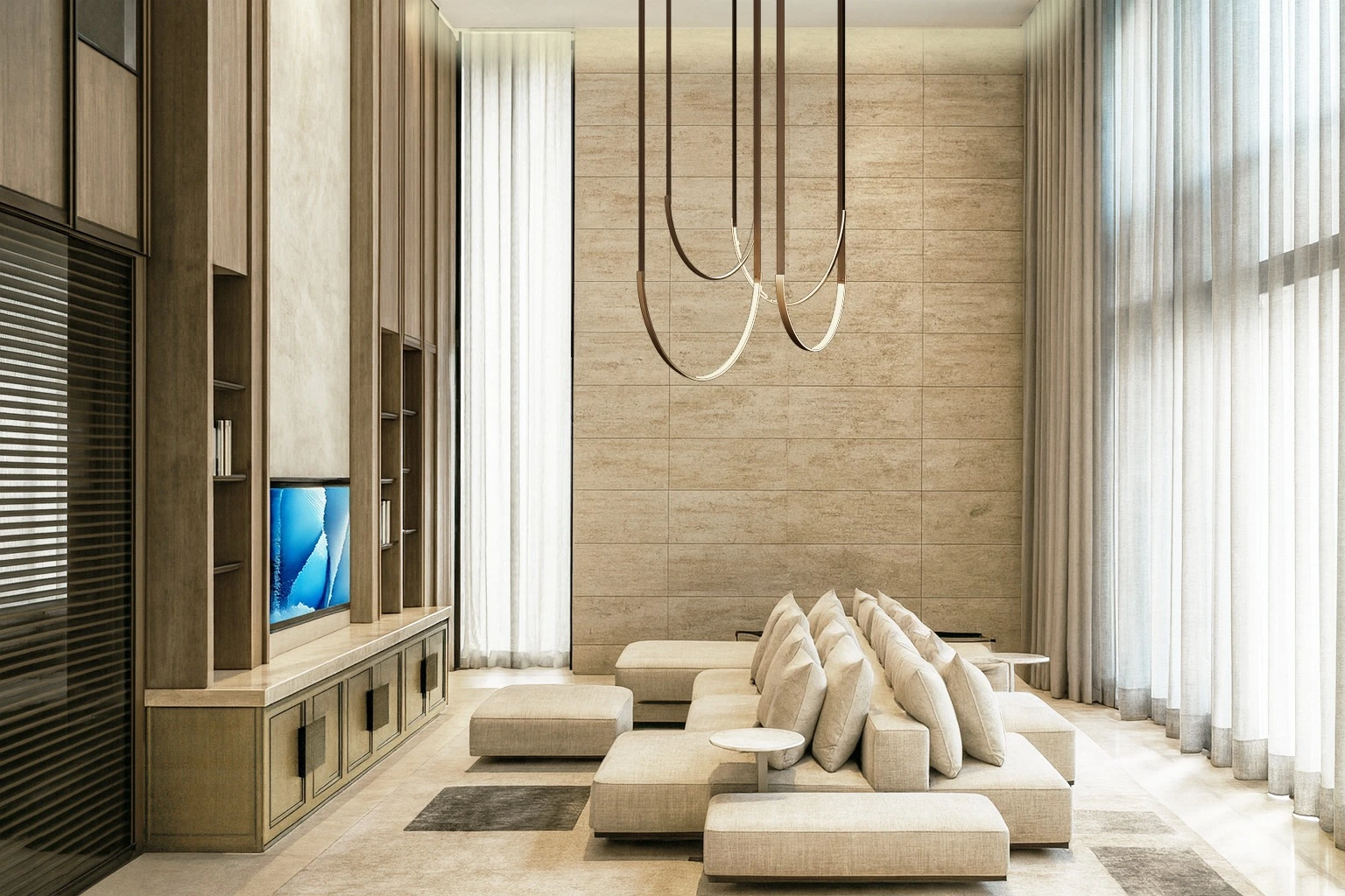 Minimalist luxury kitchen with marble island, integrated cooktop and tropical styling