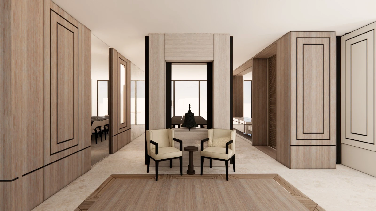 Primary bedroom media wall with integrated shelving, floating console and elegant wall sconces