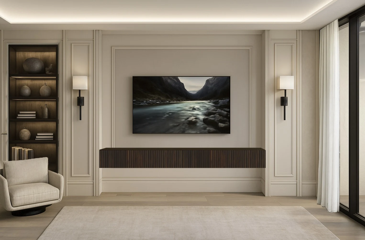 Serene primary bedroom with tailored wall panels, pendant bedside lighting and soft neutral palette