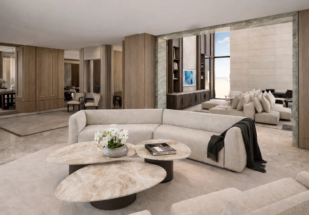 Oceanfront penthouse in Panama City with serene contemporary interiors and panoramic water views