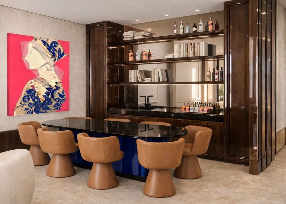 Architectural transition space with custom paneling, lounge chairs and refined contemporary symmetry