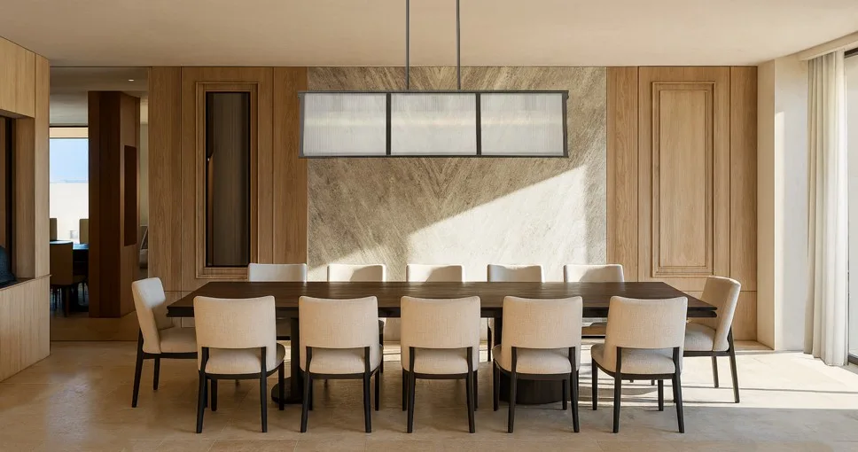 Refined hallway with custom wall paneling, warm sconces and symmetrical contemporary detailing