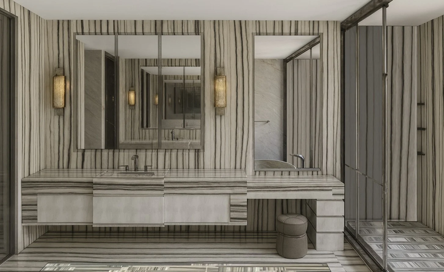 Luxury bathroom with striped stone surfaces, floating vanity, dressing area and glass shower enclosure