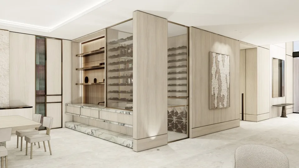 Custom entertaining area with glass-enclosed wine storage, marble detailing and warm wood millwork