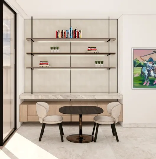 Elegant study nook with floating desk, open shelving and intimate round meeting table