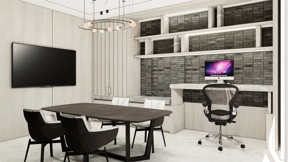 Contemporary home office with custom desk, display shelving and integrated meeting area