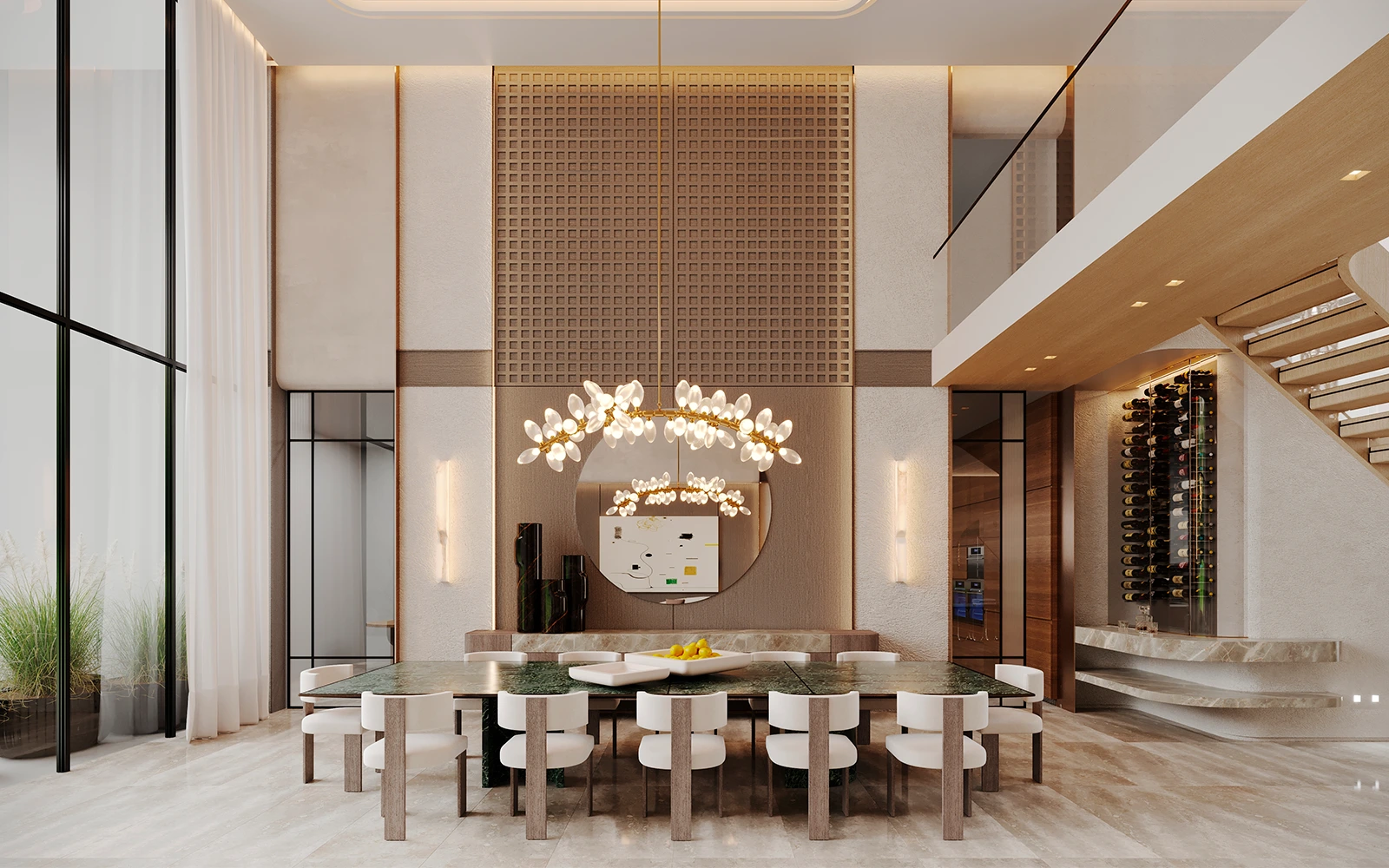 Bal Harbour Residence by Metisse Studio featuring a dramatic luxury dining room with statement chandelier