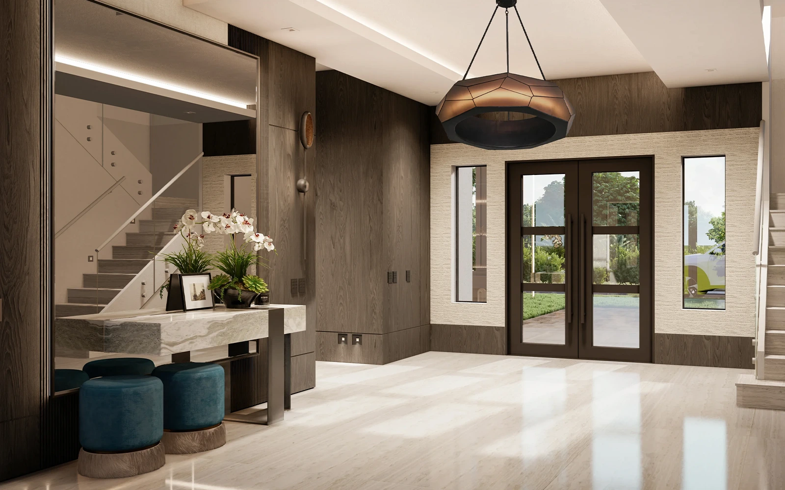 Entertainment House by Metisse Studio with grand foyer, custom console and warm contemporary finishes