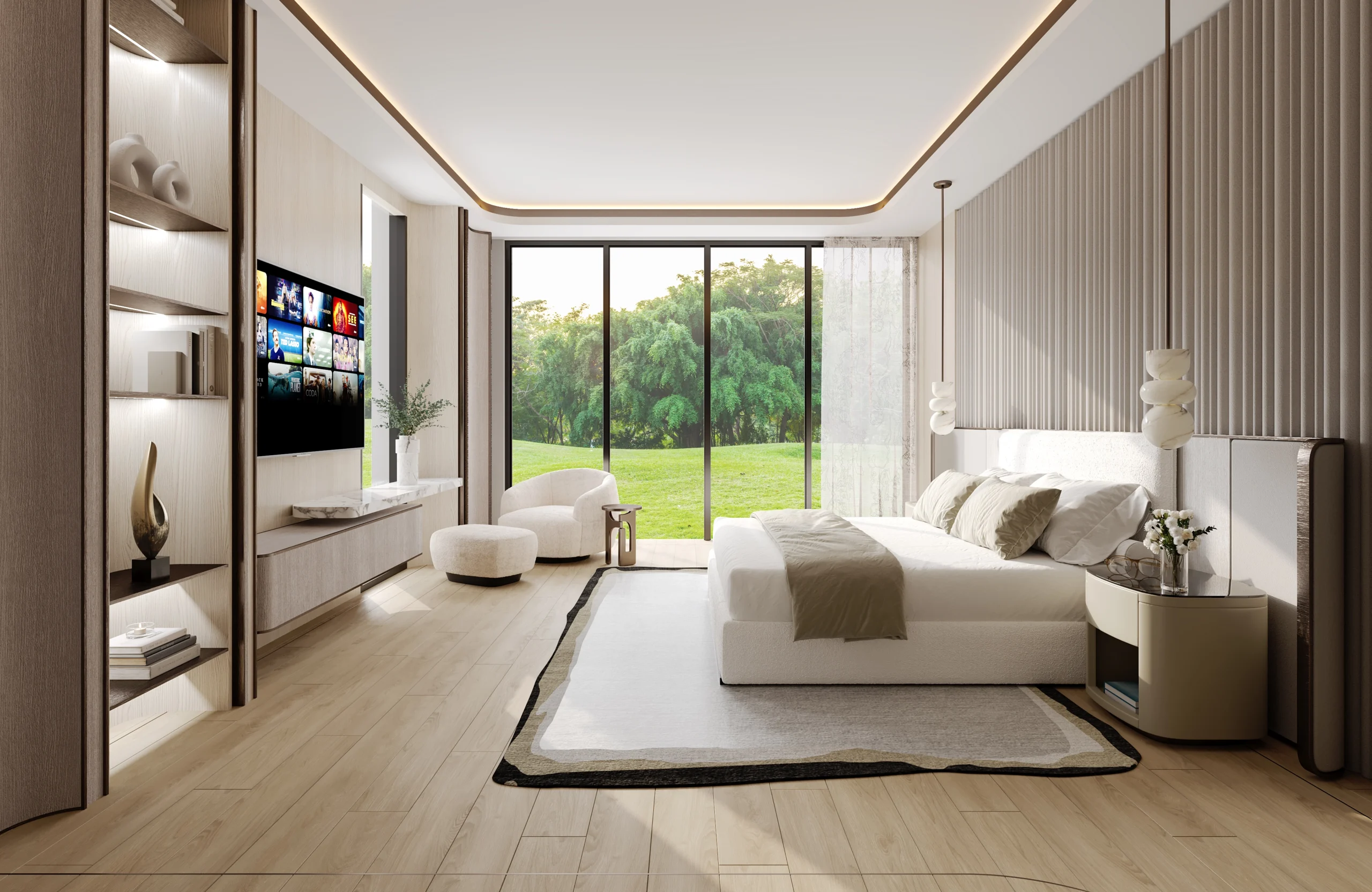 Serene contemporary bedroom with integrated millwork, soft lighting and floor-to-ceiling garden views