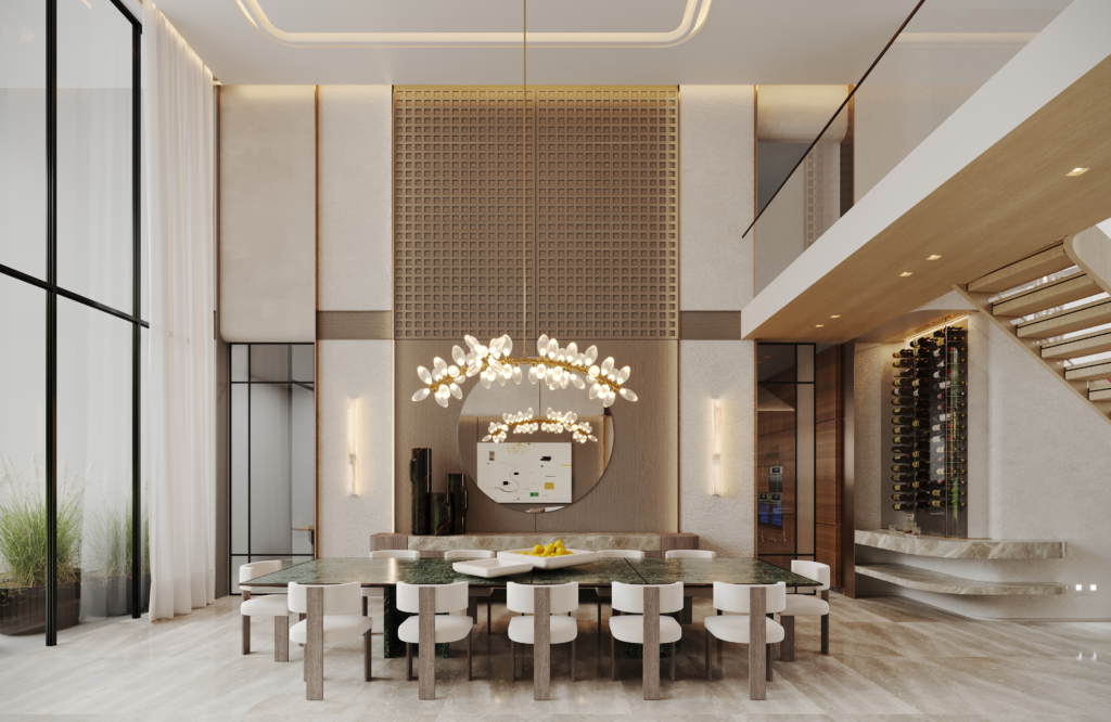 Double-height dining room with statement chandelier, custom wall detailing and built-in wine display