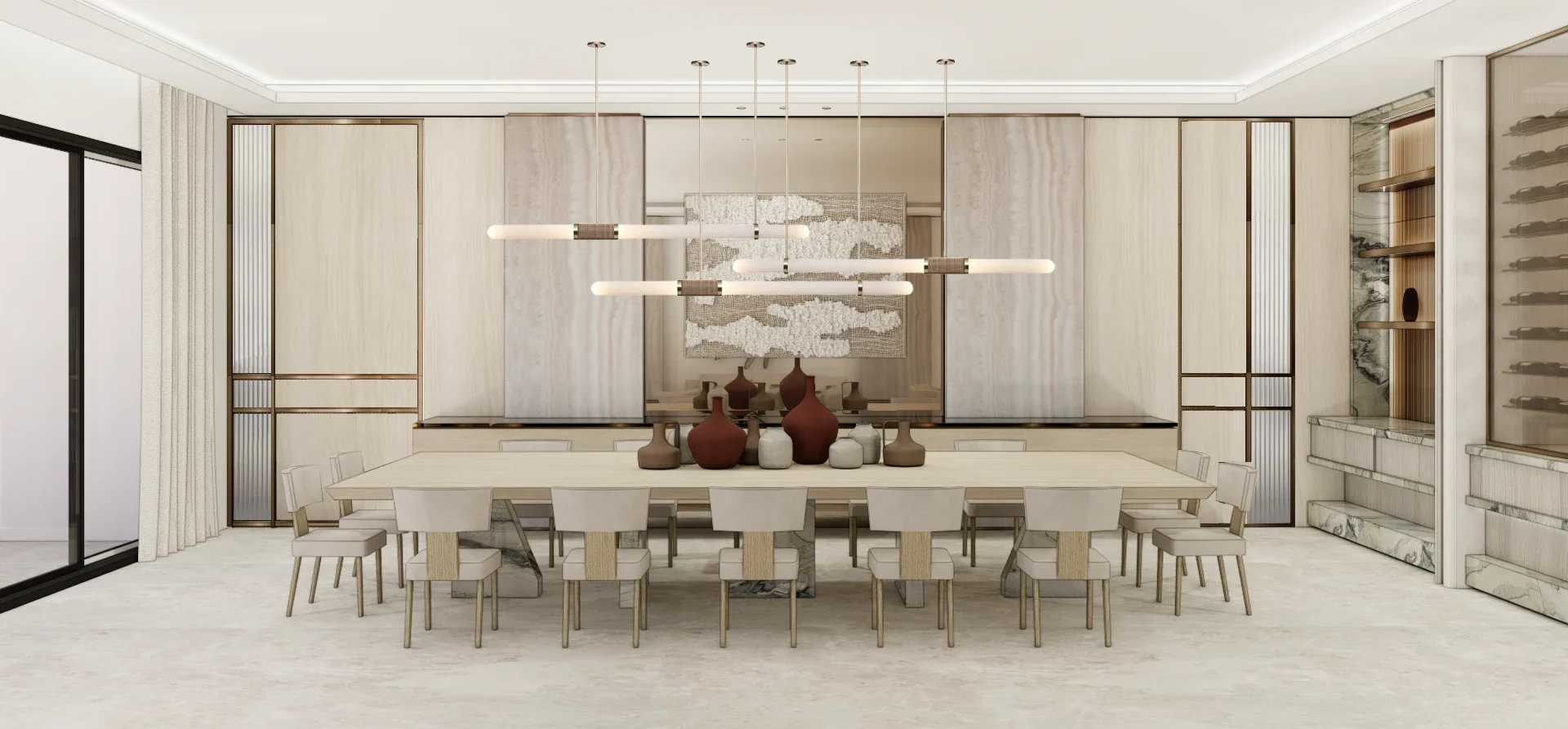 Formal dining room with long custom table, sculptural linear chandeliers and bespoke wall detailing