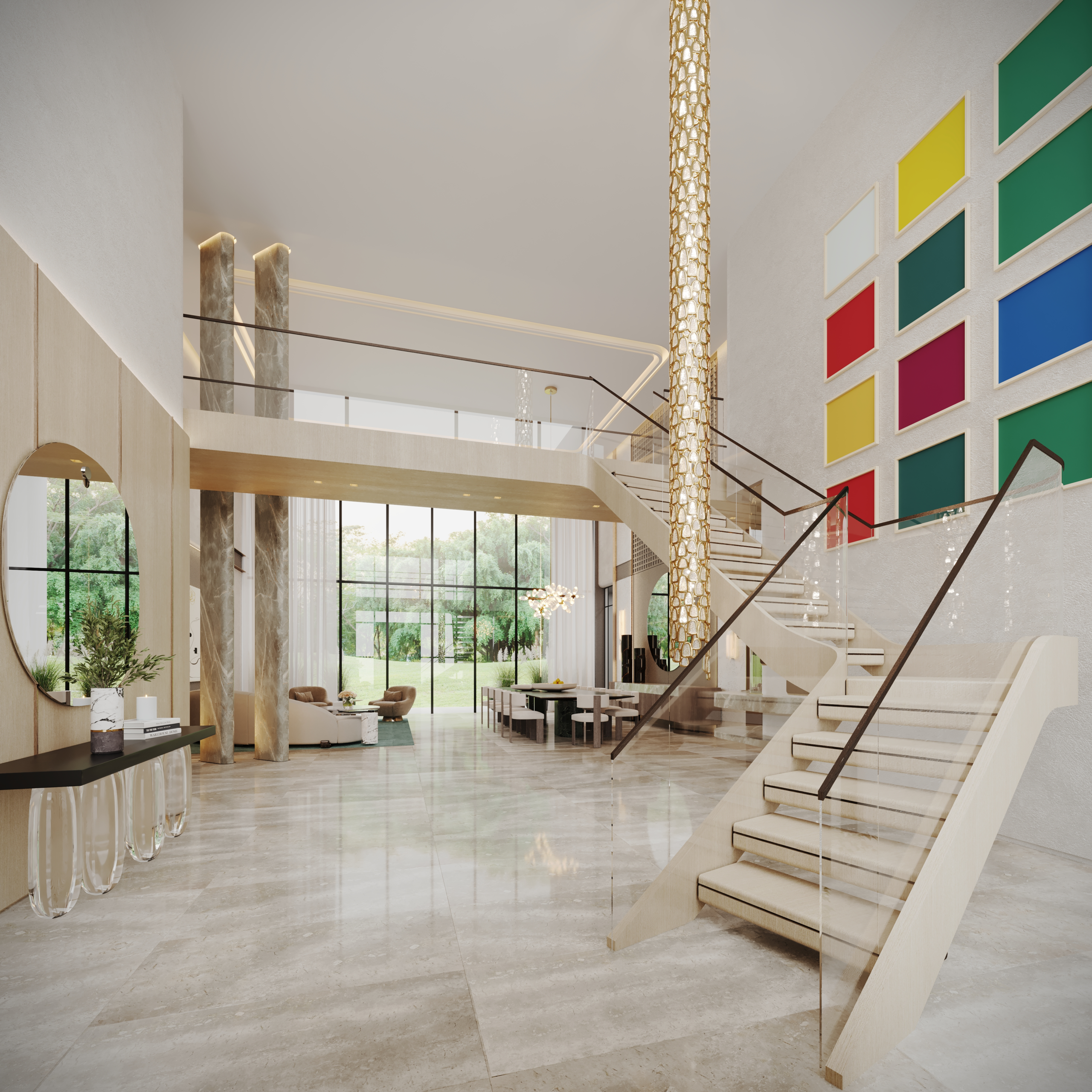 "Double-height entry foyer with sculptural chandelier, floating staircase and curated art wall in a luxury residence