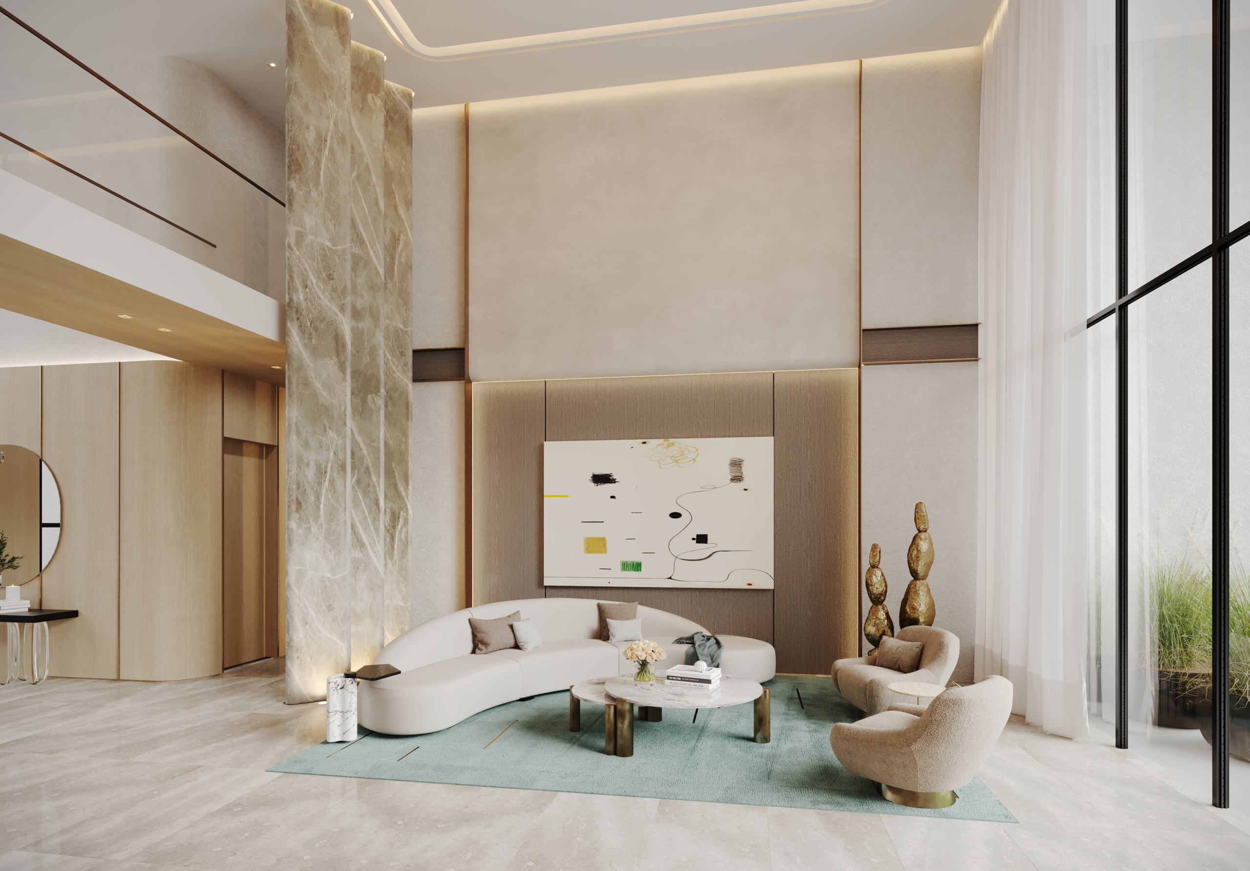 Double-height living room with floor-to-ceiling drapery, curved sofa and refined contemporary styling